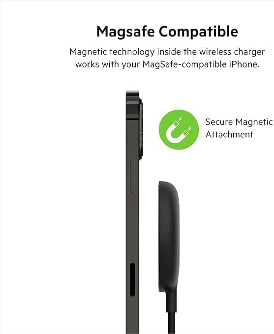 Belkin 7.5 W Magnetic Portable Wireless Charger Pad – Effortless Mag Safe Compatibility for i Phone Models 14, 13, 12, 11, XS Max, X, 8, 7, 6 s, 6, Plus – Fast Charging with 6.6 ft Long Cable for Ultimate Convenience – Sleek, Durable Design for Home, Office, and Travel Use – Enhance Your Charging Efficiency with Magnetic Alignment Technology