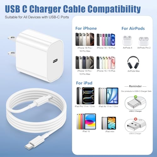 Ultra-Compact 20 W PD USB C Fast Charging Duo: Dual Wall Charger Set with High-Speed Cables for i Phone 16/15 & i Pad Compatibility – Streamlined Portability, Enhanced Safety Features, and Rapid Power Delivery for Everyday Use