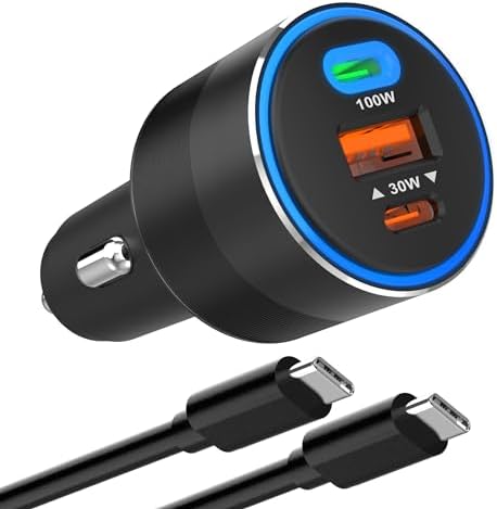 High-Power 130 W Car Charger with 100 W E-Mark Cable – Multiport Design Featuring Dual USB-C & USB-A Ports for Ultra-Fast Charging, Perfectly Compatible with i Phone 15/14/13/12, Galaxy S24/S23/S22, i Pad, Mac Book, and Windows Laptops – Ultimate Portability and Safety Assurance for On-the-Go Charging