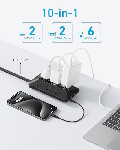 Anker Ultra-Thin 10-in-1 Power Strip with 300 J Surge Protection & USB Charging Hub – 6 AC Outlets, 2 USB-A, 2 USB-C Ports, 5-Foot Extension Cord for Home Office, College Dorm, and Workspaces – Space-Saving Desk Charging Station