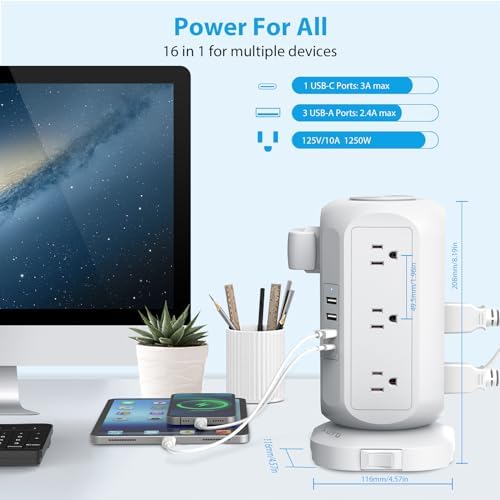 Revolutionize Your Charging Experience with the AOFO Power Strip Tower: 12 AC Outlets & 4 USB Ports (1 USB-C) Surge Protector with 10 Ft Extension Cord, Overload Protection, and Bulky Plug Compatibility for Home, Office, and Dorm Efficiency.