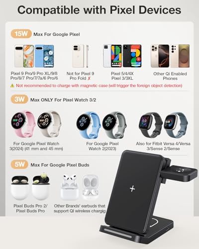 Foldable 3-in-1 Wireless Charging Station for Google Pixel Watch 1 st – 15 W Fast Charger for Pixel 9 Pro/XL, 8/7/6 Series, and Pixel Buds Pro/2 – Compact Travel Design with QC 18 W Adapter – Perfect for Home and Office Use