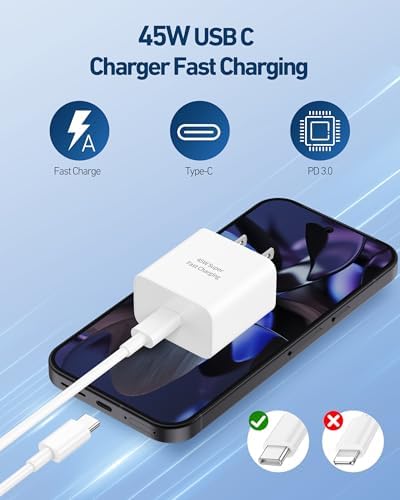 Rapid Charge 45 W USB-C Power Adapter with 10-Foot Cable for Google Pixel & Android – Ultimate Power Delivery for Safe, Swift Charging – Compatible with Pixel 9/9 Pro XL/Fold/8/8 a/8 Pro/7/7 a/7 Pro/6/5/4 XL & More – Durable Design for Hassle-Free Mobility – Say Goodbye to Low Battery Anxiety!