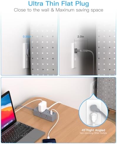 5 Ft Versatile Power Strip with 6 AC Outlets & 3 USB Ports, including USB-C – Compact Flat Plug Extension Cord for Efficient Charging in Dorm Rooms, Travel, and Home Offices – Surge Protector for Enhanced Device Safety and Connectivity