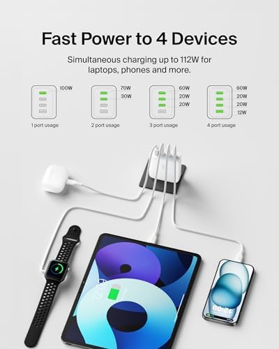 Belkin 112 W 4-Port Ga N Charger Block – Super Fast USB-C Power Delivery & USB-A Multi-Device Charging Hub for Mac Book, i Phone 16, Samsung Galaxy S25, Google Pixel, Nintendo Switch, and More – Compact, Efficient, and Eco-Friendly Design with Safety Features
