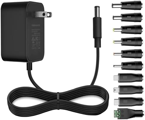 Universal 12 V 2 A AC Power Adapter with 10 Connectors – Ideal Charger for LED Strip Lights, CCTV Cameras, Speakers, and GPS Devices – FCC & UL Certified for Optimal Safety – 5-Foot Cord for Flexible Setup and Fast Charging – Dependable Power Supply for Home and Office Applications