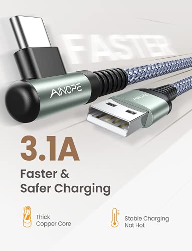 AINOPE Right Angle USB C Cable – 2-Pack (10 ft + 10 ft) Fast Charging 3.1 A Nylon Braided Charger for Enhanced Device Compatibility, Ideal for Gaming and Multitasking, Durable Black Design