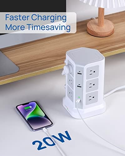KOOSLA Power Strip Tower – 12 AC Outlets & 6 High-Speed USB Ports with 15 A Surge Protection – 6.5 ft Heavy-Duty Extension Cord for Home Office & Dorm Room – Compact Design for Efficient Power Distribution – Versatile Charging Station for Multiple Devices