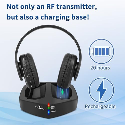 Unleash the Power of Sound with Wallar Ge Long-Range Wireless Over-Ear Headphones – Effortless Setup with RF Transmitter, 100 Ft Wireless Freedom, and 20-Hour Rechargeable Battery Life for Uninterrupted Entertainment – Luxurious Comfort in Sleek Black/Red Design, Compatible with All TV Brands for an Immersive Audio Experience