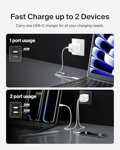 Belkin 45 W Dual USB-C Fast Charger Block with Ga N Technology – Rapid PD3.0 Charging for i Phone 16, Samsung Galaxy S25, i Pad, Mac Book & Nintendo Switch 2 – Compact Design for Travel & Enhanced Device Compatibility – Sleek White Finish for Modern Aesthetics
