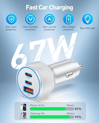 Ultimate 4-in-1 USB C Fast Charging System: 67 W 3-Port Car Charger, 45 W Wall Adapter, and Dual 3 FT USB C Cables for i Phone 16 Series, i Pad, and Mac Book – Superior Speed and Compatibility for On-the-Go Power Solutions