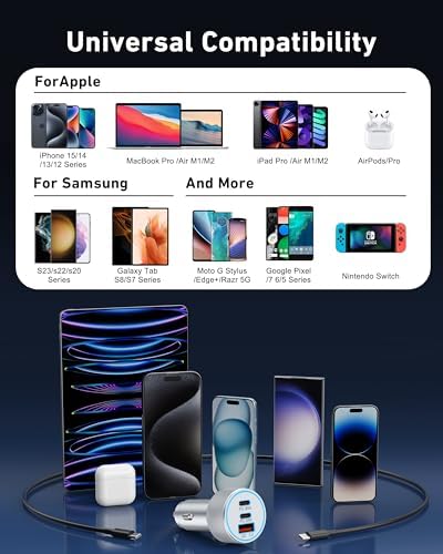 67 W 3-Port Ultra-Fast USB-C Car Charger with 3 FT Cable – High-Speed Charging for i Phone 16/16 e/15 Pro Max, Samsung Galaxy S25/S24/S23, Google Pixel 9/8/7, and Android Devices – Sleek Silver Design for Enhanced Style and Functionality