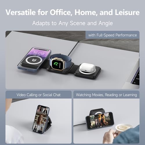 Ultimate 3-in-1 Foldable Charging Station for Apple Devices – Compact Wireless Charger for i Phone 12-16, Apple Watch, and Air Pods – Travel-Friendly Power Hub with Fast Charging Technology in Sleek Black Finish – Perfect for Home, Office, and On-the-Go Use