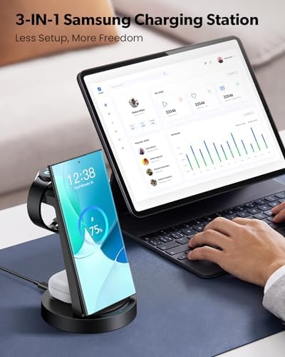 Revolutionary 3-in-1 Wireless Charging Station for Samsung Devices: Fast Charging Dock for Galaxy Watch 7, 6, 5, 4, 3 Pro, Classic & Galaxy Buds – Sleek Stand Compatible with S25, S24 Ultra, S23, S22, S21, Note, and Z Fold – Optimal Efficiency and Stylish Design for Home or Office Use