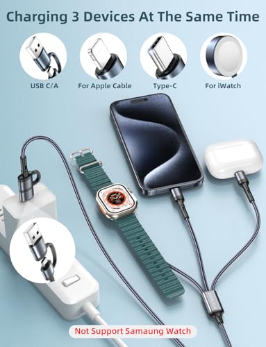 4 FT USB-C Multi-Device Charging Cable Duo for Apple Watch and i Phone – Superior 3-in-2 Charging Solution for i Watch Models and i Phone 16/15/14/13/12/11 & Galaxy S23 – Enhanced Rapid Charging, Exceptional Durability, and Total Convenience for Mobile Users