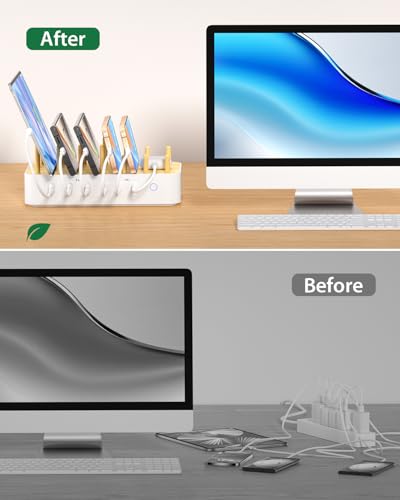 Eco-Friendly Bamboo USB-C Charging Hub – 60 W 6-Port Multi-Device Dock with 3 AC Outlets, 3 USB-C, 3 USB-A Ports, 6 Mixed Cables Included, 6.6 ft Power Cord for i Phones, i Pads & Tablets – Fast, Efficient Charging Solution with Elegant Design