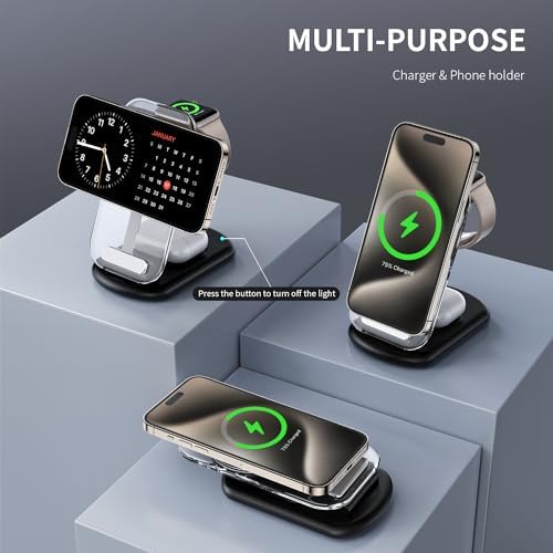 2025 Magnetic 3-in-1 Wireless Charging Station for i Phones, Apple Watches, and Air Pods – Fast Travel Charger with Integrated Light Indicator – Compact Design for Ultimate Portability – Perfect Gift for Tech-Savvy Couples – Compatible with i Phone 16, 15, 14, 13, 12 Pro Max Plus, Air Pods 4, 3, 2, Pro and Apple Watch Series – Enhance Your Charging Experience with Rapid Power-Up Technology