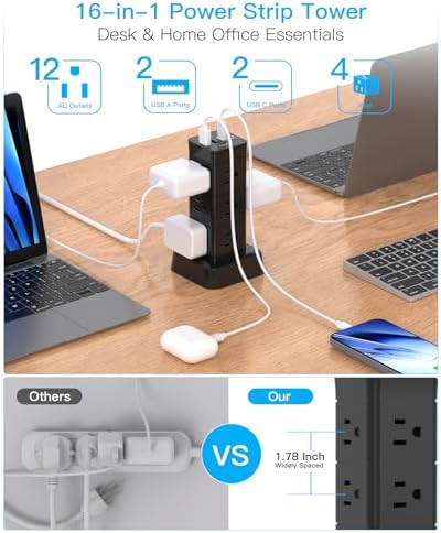 High-Performance Surge Protector Power Strip Tower with 12 Outlets and 4 USB Ports (2 USB-C) – Versatile Desktop Charging Station for Home Office and College Dorms, 6 Ft Flat Plug Extension Cord, Space-Saving Design for Enhanced Device Connectivity and Safety