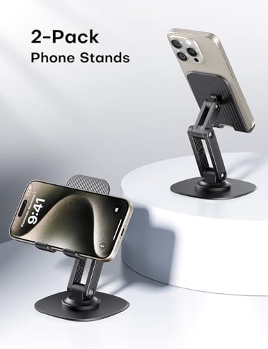 OMOTON Cell Phone Stand for Desk, 2 Pack Adjustable Foldable Phone Holder, 360 Swivel Mobile Stand Fit for iPhone 15 14 13 12 11 Pro Max and All Smart Phones, White & White – Enhanced Compatibility and Speed