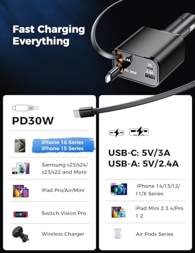 2025 SUPERONE 69 W Retractable Car Charger – Fast Charging Dual-Port Accessory for i Phone 16/15/14/13/12 & Samsung Devices, Tangle-Free Design, Ideal Gift for Men & Women, Essential Car Travel Companion