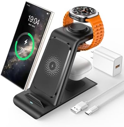 Ultimate 3 in 1 Wireless Charging Station for Samsung Devices – Fast Charge Galaxy Watch 7/6/5/Pro, Galaxy S25/Edge/Ultra/S25+/S24/S23/Note 20/10, Z Flip 7/6, and Fold 7/6 with Galaxy Buds 3/2/Pro/Live – Sleek, Space-Saving Design for Efficient Multi-Device Powering and Enhanced Compatibility