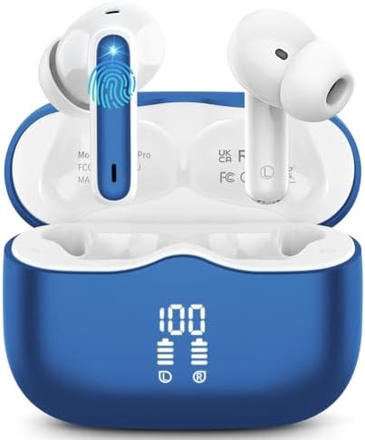 Premium Bluetooth 5.4 Wireless Earbuds – Immersive Hi-Fi Sound with Deep Bass, 4-Microphone Noise Cancellation, and IP7 Waterproofing for All-Weather Durability – 40-Hour Playtime with Dual LED Battery Indicator – Ideal for Audiophiles and Professionals, Stylish Dark Blue Design