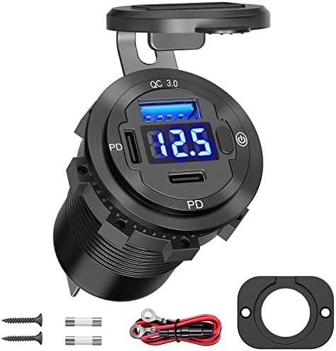 Dual PD 30 W & QC3.0 18 W Car Charger Socket – Qidoe 12 V Waterproof USB Outlet with Integrated Voltmeter for Boats, RVs, and Vehicles – High-Speed Charging and Enhanced Compatibility for All Your Devices