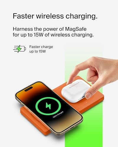 Belkin 15 W Mag Safe-Compatible 2-in-1 Wireless Charging Station – Fast Dual Device Charger for i Phone 16, 15, 14, 13 Series & Air Pods – Sleek Sand Design for Effortless Portability and Seamless Power Solutions