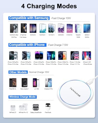 NANAMI Fast Wireless Charger – 7.5 W Qi Certified Charging Pad with PD3.0 Adapter for i Phone 16/15/14/13/12 & 10 W for Samsung Galaxy S25/S24/S23/S22/S21/Note 20 – Sleek & Compact Design, Advanced Safety Features, Effortless Charging for Home and Office Efficiency