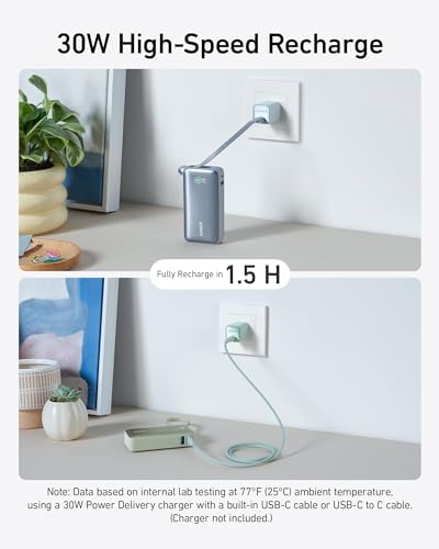 Anker Nano 10,000 m Ah Portable Charger – Ultra-Compact Power Bank with Integrated USB-C Cable for Fast Charging – 30 W Output for i Phone 16/15, Mac Book, Galaxy, Air Pods, and More – Eco-Friendly Design for On-the-Go Professionals