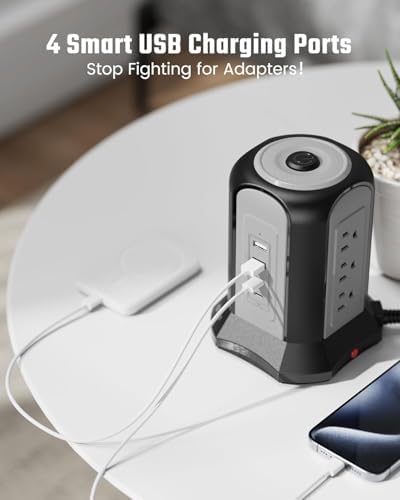 Maximize Your Charging Efficiency with the SUPERDANNY Power Strip Tower Surge Protector – 9 Outlets & 4 USB Ports, 10 Ft Extension Cord, 1080 Joules Surge Protection, Grounded Safety Design for Home and Office Use – Stylish Black Desktop Charging Station for Clutter-Free Solutions