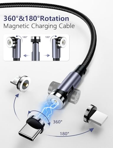 Revolutionary 540° Magnetic Charging Cable Set – 3 in 1 Versatile USB Charger for Micro USB, Type C & Lightning | Durable Nylon Braided Design with LED Indicator | Multiple Lengths (1.6 ft, 3.3 ft, 6.6 ft, 10 ft) for Ultimate Convenience and Fast Charging
