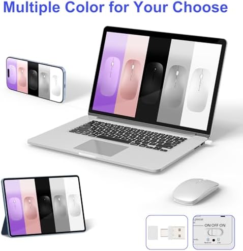 Sleek Silver Bluetooth Wireless Mouse for Mac Book Air & Pro – Ergonomic, Rechargeable, and Silent Tri-Mode Connectivity (2.4 G USB-C/USB-A, Bluetooth 5.2/3.0) for Ultimate Productivity on the Go