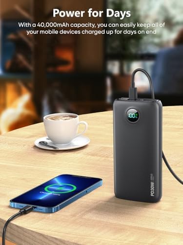 High-Capacity 40,000 m Ah Portable Power Bank with PD 30 W & QC 4.0 Fast Charging, Dual USB + Type-C Outputs, Built-in LED Flashlight & Real-Time Battery Display – Ultimate Travel Companion in Carbon Black for All Your Devices
