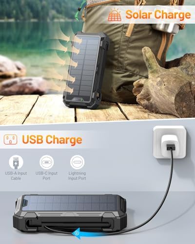 Ultimate GOODaaa Solar Power Bank – 42,800 m Ah High-Capacity Portable Charger with 20 W Fast Charging, Integrated Cables, Wireless Charging for Apple Watch, LED Flashlight, Carabiner & Built-in Thermometer – The Essential Outdoor Power Solution for Adventurers and Travelers