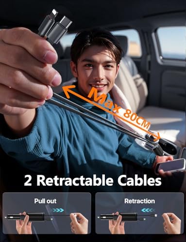 Celestial Power: 4-in-1 Starlight Retractable Car Charger with Fast Dual USB Ports – Compatible with i Phone 15/14/13 – Innovative Tangle-Free Charging Solution for Enhanced Portability and Style