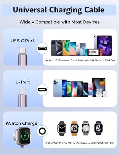 Versatile 3-in-2 USB C Charging Cable for Apple Watch and i Phone – 4 FT Multi-Device Fast Charger Compatible with Apple Watch Ultra/SE/10/9/8/7/6/5/4/3/2/1 & i Phone 16/15/14/Galaxy S23 – Lightweight Travel Essential for Efficient Power-Up Solutions
