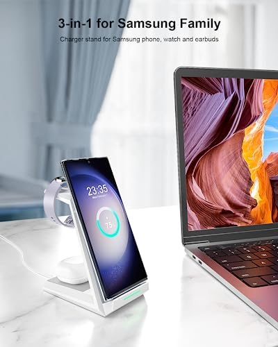 ADADPU 3-in-1 Wireless Charging Station for Samsung Devices – Fast Charging Dock for Galaxy S25, S24, S23, S22, S21, Galaxy Watch Series 7/6/5/4/3/Pro & Galaxy Buds – Includes 5 ft Cable & Adapter for Enhanced Efficiency and Connectivity