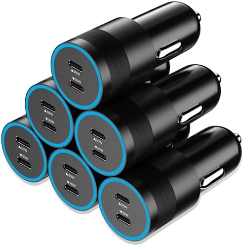 Ultra-Fast 60 W USB-C Car Charger 6 Pack – Dual 30 W PD 3.0 PPS Ports for i Phone 16/15/14/13, Samsung Galaxy S25/S24/S23, Google Pixel 9 – Compact 12 V Cigarette Lighter Adapter for Maximum Device Compatibility – Rapid Multi-Device Charging Solution for Road Trips and Daily Commutes – Durable Design for Long-lasting Use