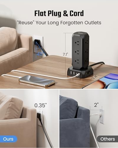Maximize Your Charging Efficiency with the SUPERDANNY Power Strip Tower Surge Protector – 9 Outlets & 4 USB Ports, 10 Ft Extension Cord, 1080 Joules Surge Protection, Grounded Safety Design for Home and Office Use – Stylish Black Desktop Charging Station for Clutter-Free Solutions