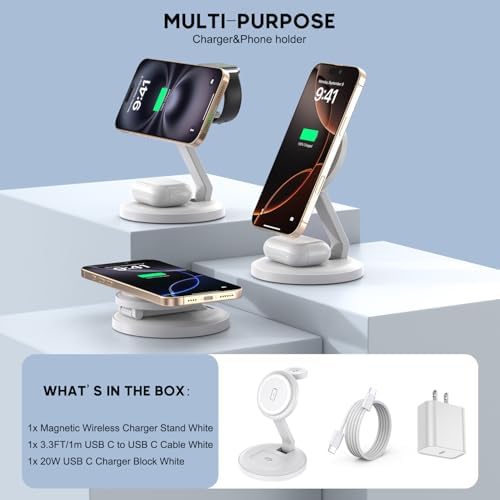3-in-1 Wireless Magnetic Charging Station for i Phone, Apple Watch, and Air Pods – Fast 15 W Foldable Dock with Strong Magnetic Hold, Compact Design for Travel, Compatible with i Phone 16/15/14/13/12 Series, Apple Watch Ultra/SE/Series 2-10, and Air Pods Pro – Rapid Charge Your Devices to 50% in Just 30 Minutes, Includes 20 W PD Adapter and USB-C Cable – Reliable Safety Features for Peace of Mind