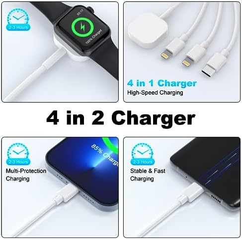 Ultimate 4-in-1 Apple Watch Travel Charger Cable – 20 W PD Fast Wall Charger for All Apple Devices Including i Phone & Air Pods, 4 FT Magnetic Charging Cord for Series 3/4/5/6/7/8/SE/Ultra – Unmatched Speed and Versatile Compatibility for On-the-Go Charging
