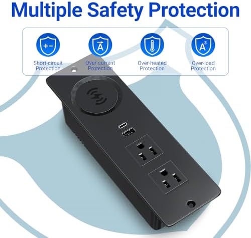 Recessed Power Strip with 15 W Wireless Charging & PD20 W USB-C Fast Charge – Sleek Flush Mount Design for Nightstands, Sofas, and Tables – Maximize Space and Efficiency with Dual Outlets and USB Ports for Ultimate Convenience