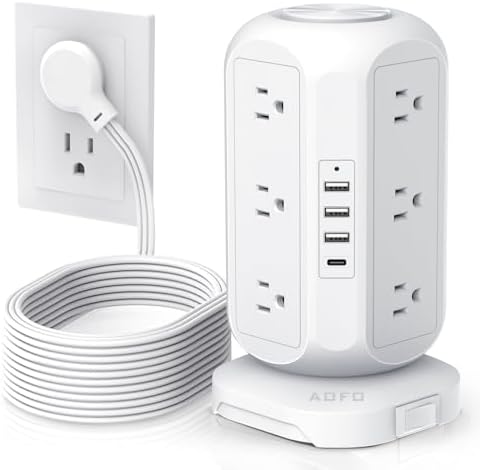 Revolutionize Your Charging Experience with the AOFO Power Strip Tower: 12 AC Outlets & 4 USB Ports (1 USB-C) Surge Protector with 10 Ft Extension Cord, Overload Protection, and Bulky Plug Compatibility for Home, Office, and Dorm Efficiency.
