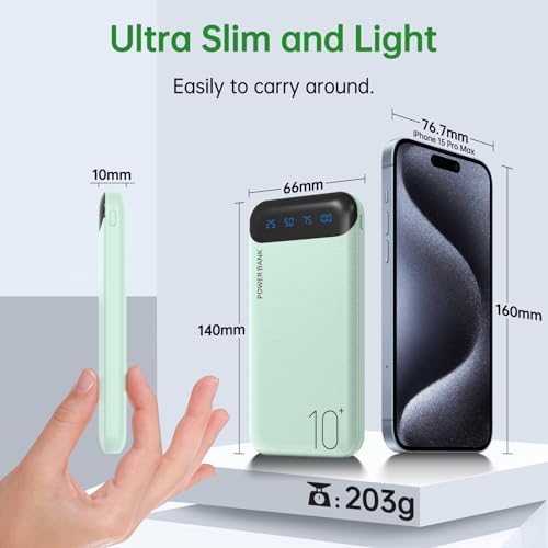 10000 m Ah Slim Portable Power Bank – Fast Charging External Battery Pack with Dual USB 2.4 A Outputs & USB-C Compatibility for i Phone 12-16, Huawei, Samsung Galaxy S20, & Android Tablets – Ideal for Travel and Daily Use