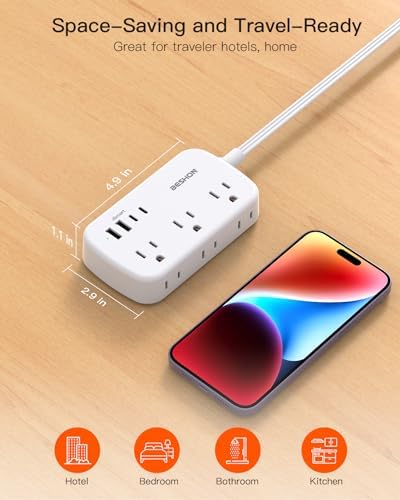 BESHON 5 FT Flat Plug Power Strip with 6 Outlets and 4 USB Ports – Ideal Travel Companion for Dorm Rooms and Cruise Ships, Space-Saving Design for Enhanced Accessibility and Fast Charging