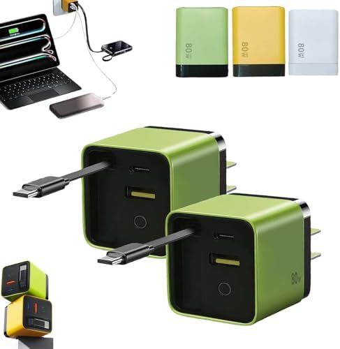 Revolutionary 80 W Ga N 3-in-1 Fast Charger with Retractable Design, Type C Cable & Dual USB Ports – Ultimate Travel Companion for Phones & Laptops in Sleek Yellow Finish – Enhanced Compatibility & Efficiency for Modern Charging Needs