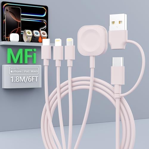 6 FT Universal 4-in-2 Multi-Device Charging Cable – Ultimate Travel Charger for Apple Watch, i Phone, Android, i Pad & Air Pods – Fast Charge, Durable & Lightweight Design for Seamless Power Management on the Go
