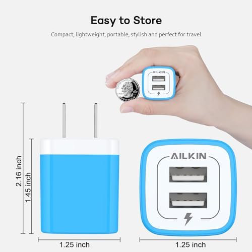 AILKIN Dual Port USB Wall Charger 2-Pack – 2.1 A Fast Charging Adapter for i Phone 15/14/13/12/11 Pro, Samsung Galaxy S23/S22/S21 – Compact Power Block with Quick Charge Technology – Universal Compatibility & Safety Features for Home and Travel