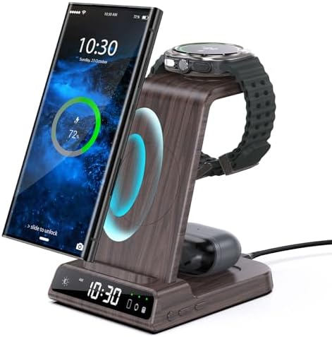 Upgrade Your Charging Experience with the Premium 3-in-1 Wireless Charger Station for Samsung Devices – Ultra-Fast Dock for Galaxy S24 Ultra, S23 Ultra, Z Flip 6, Fold 5, Galaxy Watch 7/6/5 Pro, and Buds – Modern Wood Grain Design with Integrated Clock for Enhanced Organization and Style